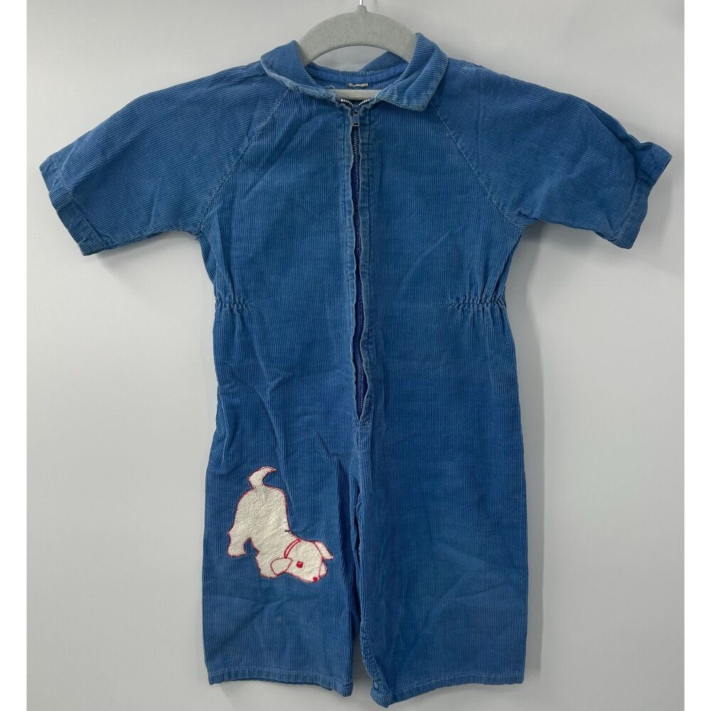 VTG 70s Toddler Corduroy Onesie Jumpsuit Blue Dog Appliqué Coveralls 6-12 Months